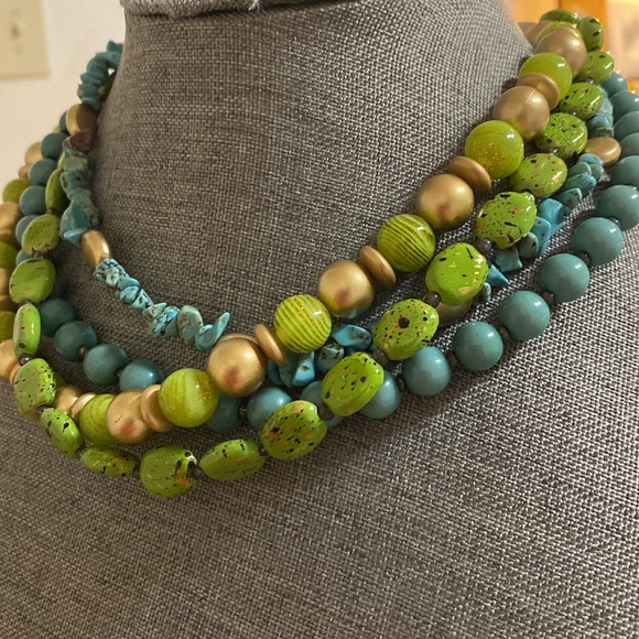 Green Blue Gold Tone Acrylic Multiple strand Beaded Necklace - Picture 2 of 3